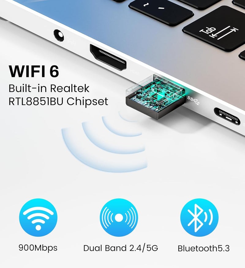 Auscoumer USB WiFi 6 Adapter for PC Desktop & Laptop, 900Mbps Dual Band 2.4/5GHz with Bluetooth 5.3, Nano Size Plug & Play, Windows 11/10 Driver-Free, Reconnect 7 Devices Simultaneously - Image 3
